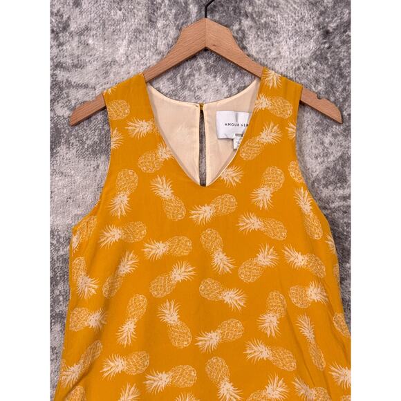 Amour Vert Dress XS Womens 100% Silk Yellow Pineapple Sleeveless Mini - Picture 2 of 8
